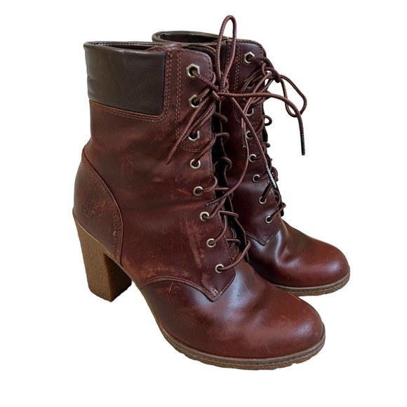 Timberland Shoes - Timberland Glancy Leather Lace Up Ankle Boot Maroon Red Lug Block Heels Sz 9